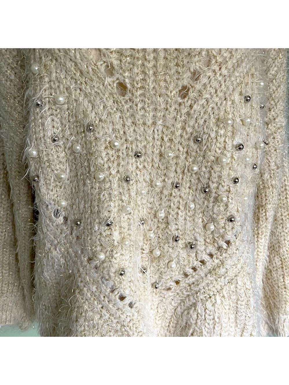 Large Beaded Distressed Knit Tunic Sweater - Picture 2 of 5